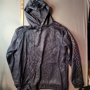 Wolf Graphic Hoodie Mens 2XL Gray Black Faux Knit Celtic Sleeve Print Pullover